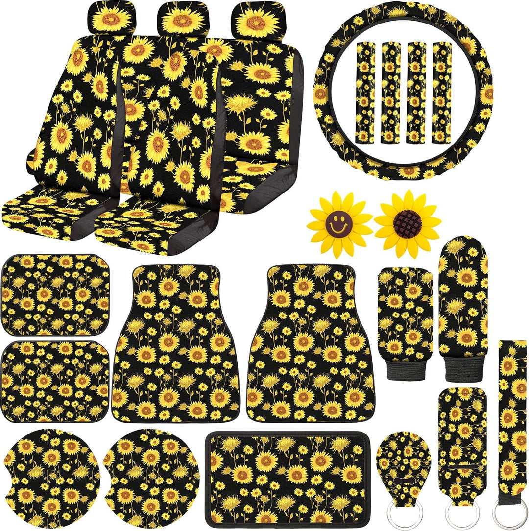 Transform Your Ride with Our 26-Piece Vibrant Sunflower Car Accessories Set - Stylish Seat Covers, Floor Mats, Steering Wheel Cover & More!