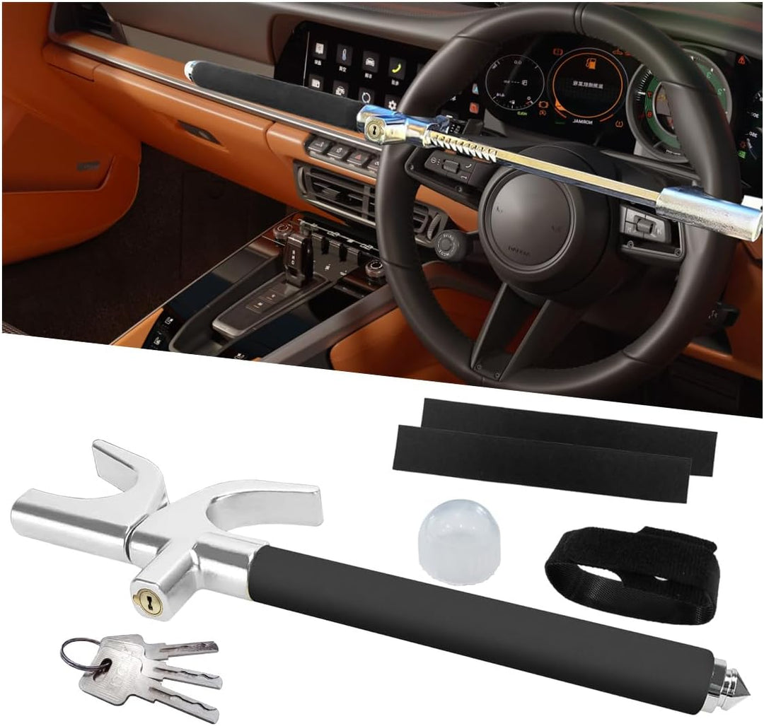 Ultimate Car Steering Wheel Lock - Premium Anti-Theft Security Device with Retractable Design, 3 Keys & Safety Hammer - Universal Fit for Cars, Trucks, SUVs & Vans (Black)