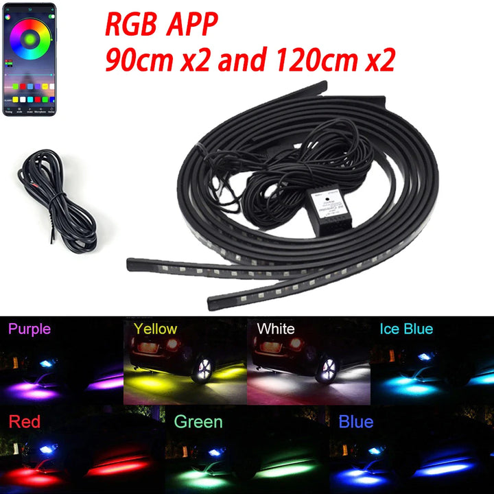 Vibrant Neon LED RGB Car Underglow Lights - Remote & App Control, Flexible Waterproof Underbody Strip for Stunning Car Decoration