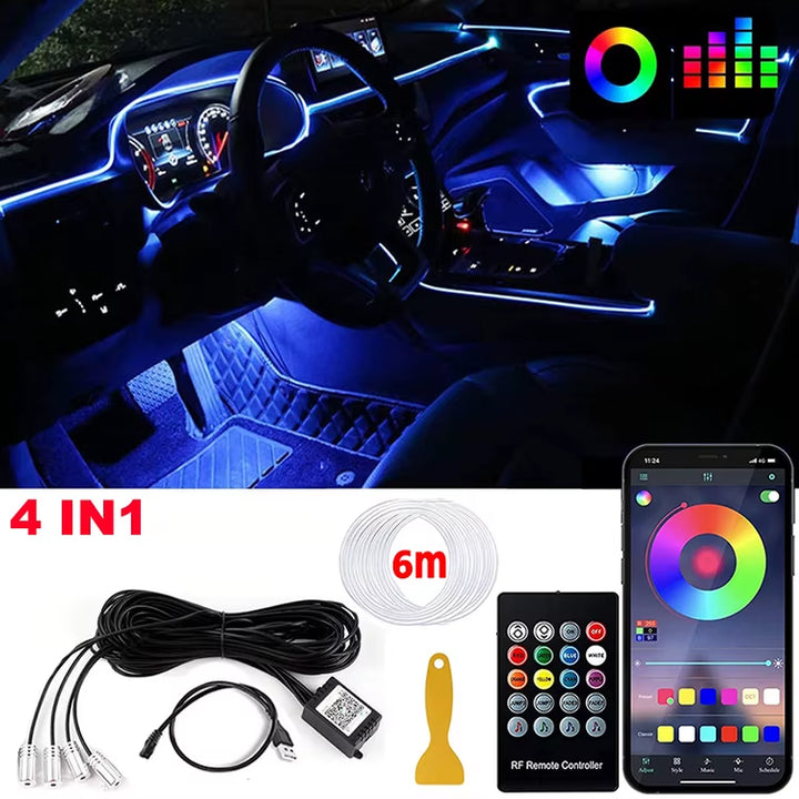 RGB LED Car Interior Ambient Strip Lights with APP Remote Control - Fiber Optic Neon Atmosphere Kit for Ultimate Auto Decoration