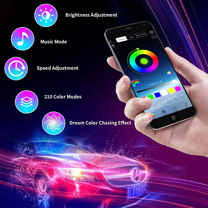 Vibrant Neon LED RGB Car Underglow Lights - Remote & App Control, Flexible Waterproof Underbody Strip for Stunning Car Decoration
