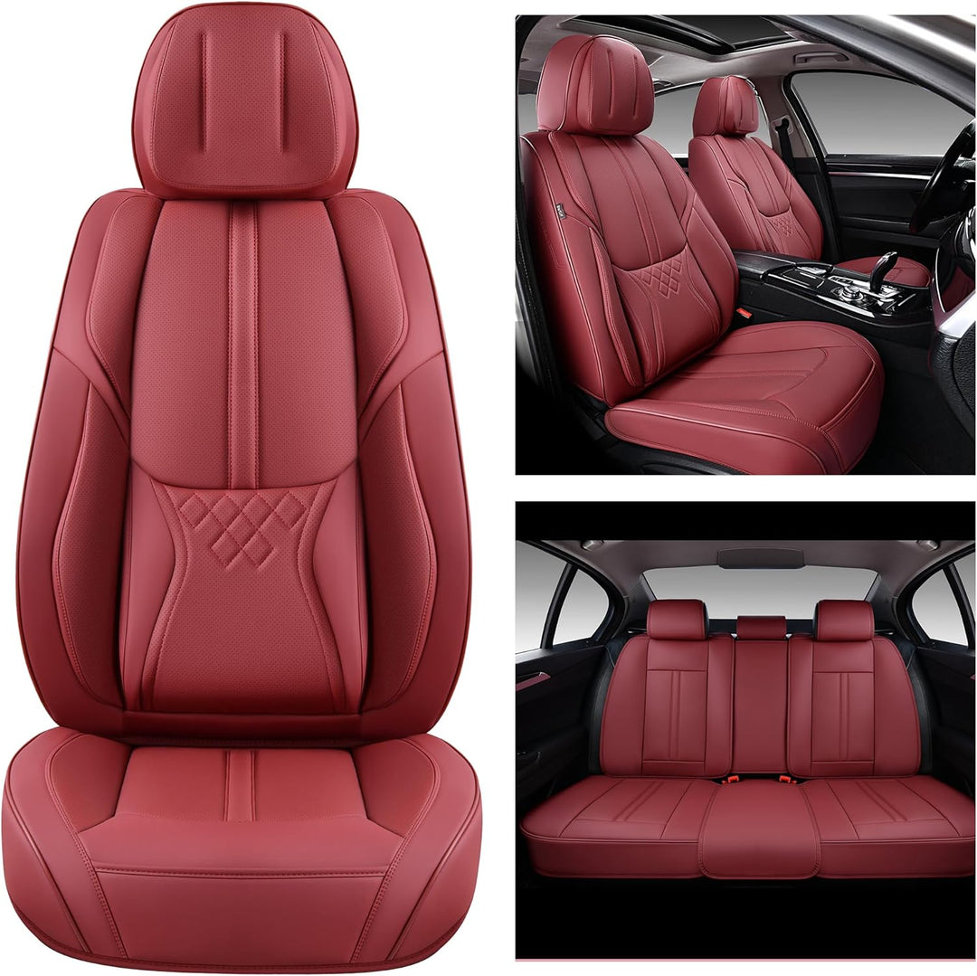 Premium Wine Red Leatherette Car Seat Covers - Complete Front and Rear Set for Sedans, SUVs, and Trucks - Stylish Auto Interior Protection and Comfort