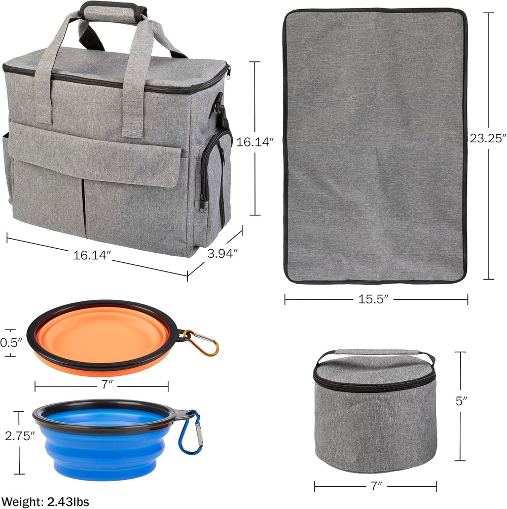 Ultimate Dog Travel Bag - Complete Cat and Dog Organizer with Pockets, Mat, 2 Food Containers & Collapsible Bowls by  (Gray)