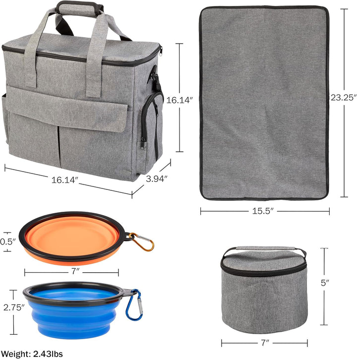 Ultimate Dog Travel Bag - Complete Cat and Dog Organizer with Pockets, Mat, 2 Food Containers & Collapsible Bowls by  (Gray)