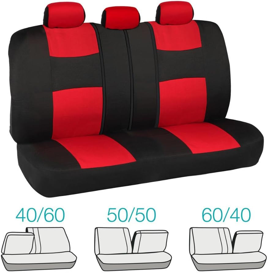 Ultimate Black & Red Car Seat Covers Full Set with All-Weather Rubber Floor Mats - Total Protection for Front & Rear Split Bench Seats