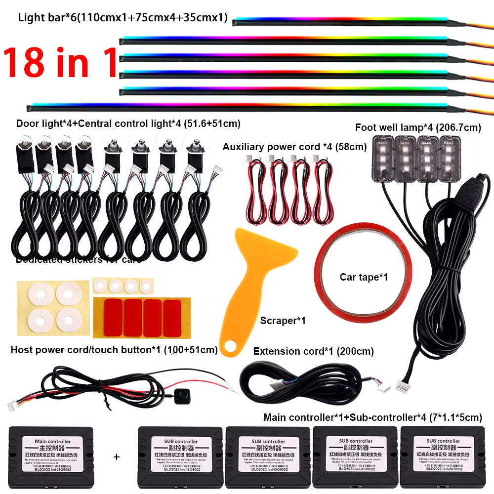 Transform Your Ride: 18-in-1 RGB LED Car Ambient Lights with 64 Color Options - Fiber Optic Interior Decoration Lamp