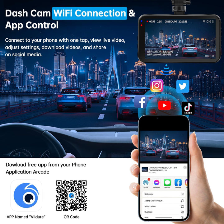 Dual Dash Cam with Front and Rear Cameras, 2.5K + 1080P, WiFi/App Control, Super Night Vision, 64GB Card Included, Loop Recording, G-Sensor, Expandable to 256GB