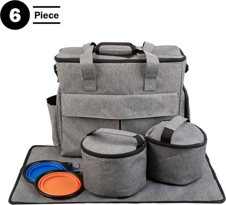 Ultimate Dog Travel Bag - Complete Cat and Dog Organizer with Pockets, Mat, 2 Food Containers & Collapsible Bowls by  (Gray)