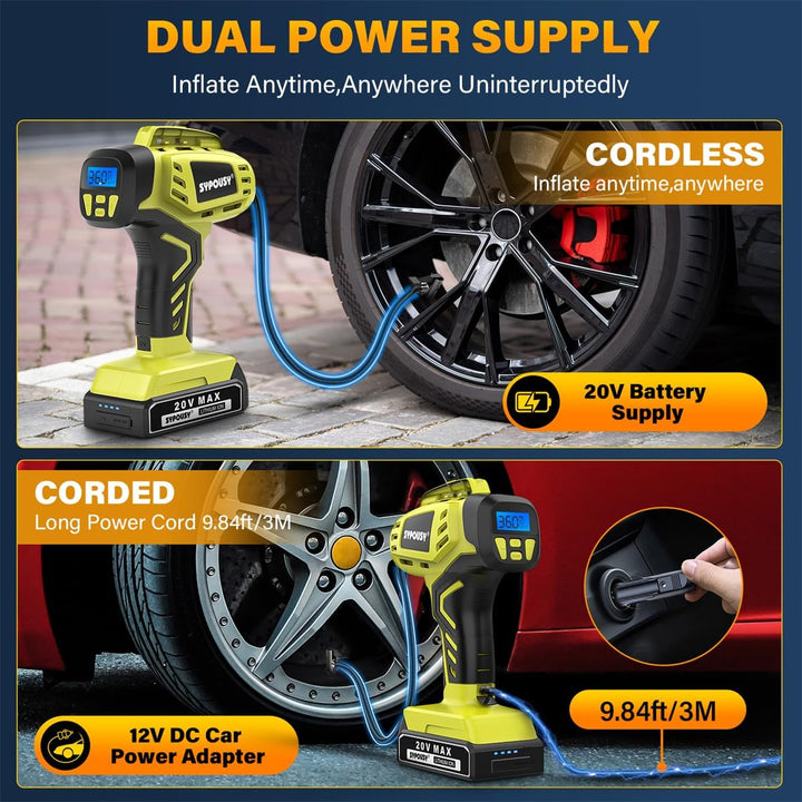 Portable Digital Tire Inflator - 2X Faster Air Compressor with 20V Rechargeable Battery & Dual Power Supply for Cars, E-Bikes, and More!