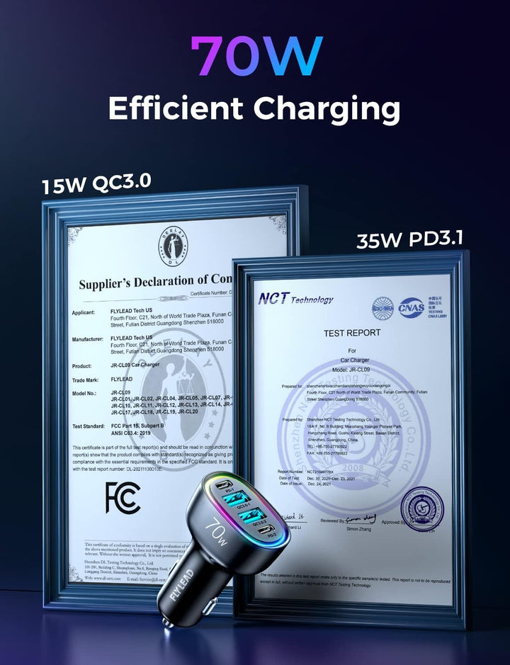 70W 4-Port USB C Car Charger - Fast Charging Cigarette Lighter Adapter for Family Travel & iPhone 16