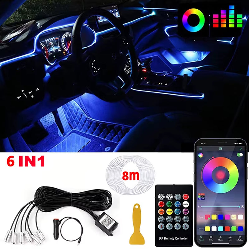 RGB LED Car Interior Ambient Strip Lights with APP Remote Control - Fiber Optic Neon Atmosphere Kit for Ultimate Auto Decoration