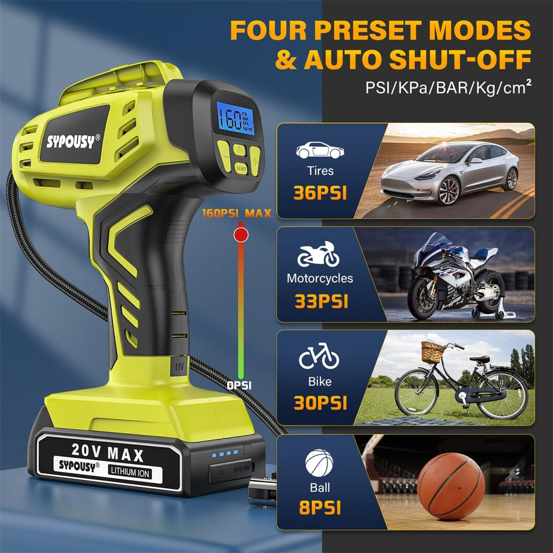 Portable Digital Tire Inflator - 2X Faster Air Compressor with 20V Rechargeable Battery & Dual Power Supply for Cars, E-Bikes, and More!