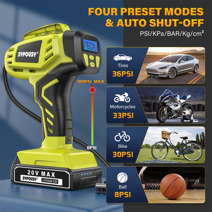 Portable Digital Tire Inflator - 2X Faster Air Compressor with 20V Rechargeable Battery & Dual Power Supply for Cars, E-Bikes, and More!