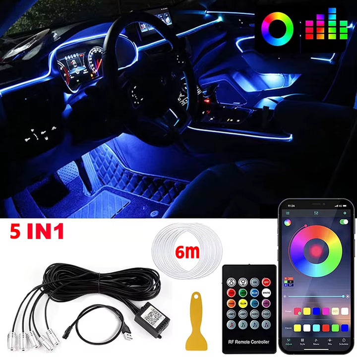 RGB LED Car Interior Ambient Strip Lights with APP Remote Control - Fiber Optic Neon Atmosphere Kit for Ultimate Auto Decoration