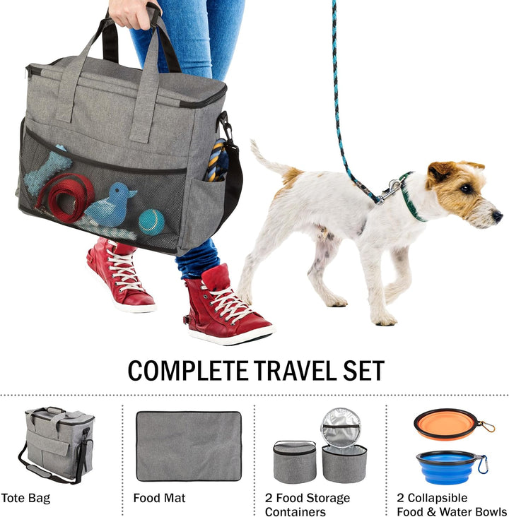 Ultimate Dog Travel Bag - Complete Cat and Dog Organizer with Pockets, Mat, 2 Food Containers & Collapsible Bowls by  (Gray)