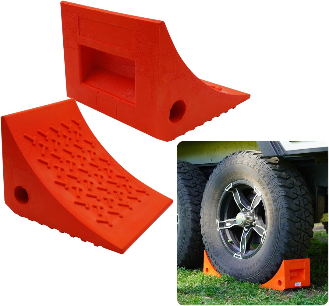 Premium Heavy Duty Wheel Chocks (2 Pack) - Durable Non-Slip Solid Rubber for Boat Trailers, RVs, Trucks & Campers - All-Weather Performance in Bright Orange