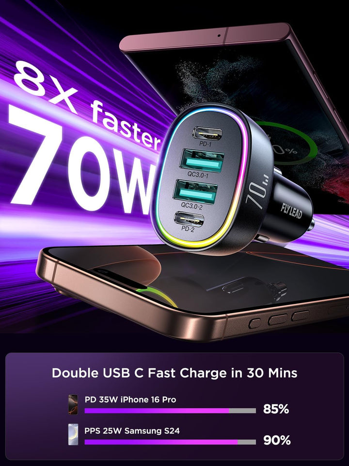 70W 4-Port USB C Car Charger - Fast Charging Cigarette Lighter Adapter for Family Travel & iPhone 16