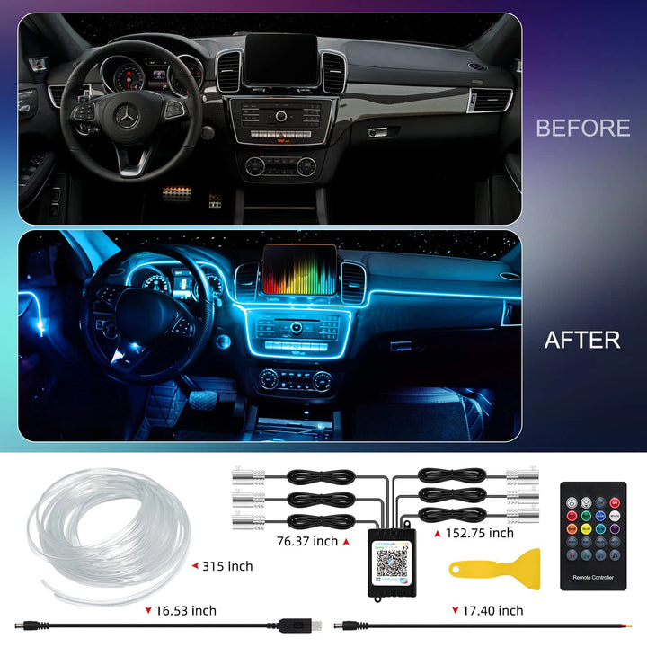 RGB LED Car Interior Ambient Strip Lights with APP Remote Control - Fiber Optic Neon Atmosphere Kit for Ultimate Auto Decoration