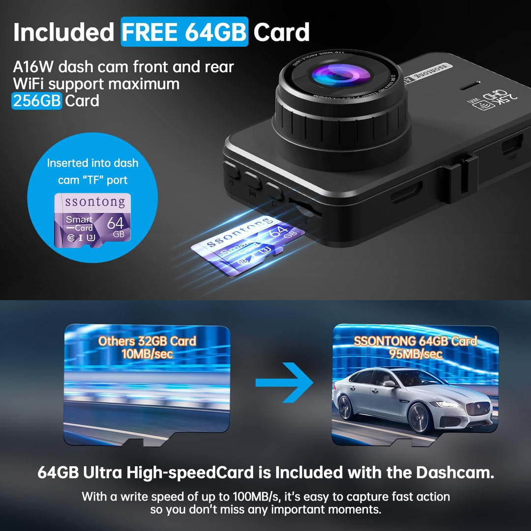 Dual Dash Cam with Front and Rear Cameras, 2.5K + 1080P, WiFi/App Control, Super Night Vision, 64GB Card Included, Loop Recording, G-Sensor, Expandable to 256GB