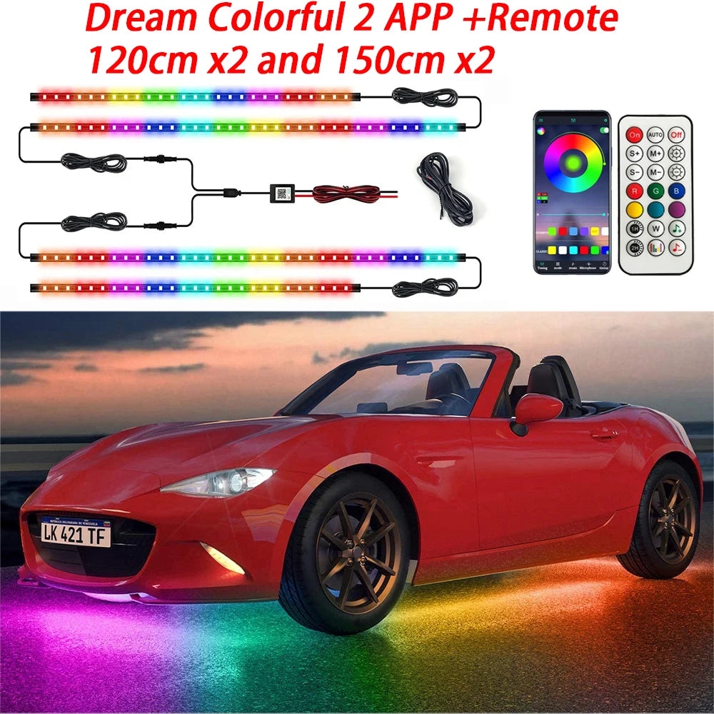 Vibrant Neon LED RGB Car Underglow Lights - Remote & App Control, Flexible Waterproof Underbody Strip for Stunning Car Decoration