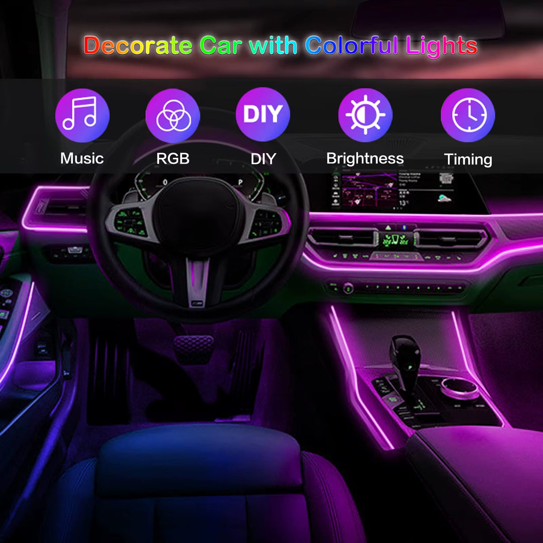 RGB LED Car Interior Ambient Strip Lights with APP Remote Control - Fiber Optic Neon Atmosphere Kit for Ultimate Auto Decoration