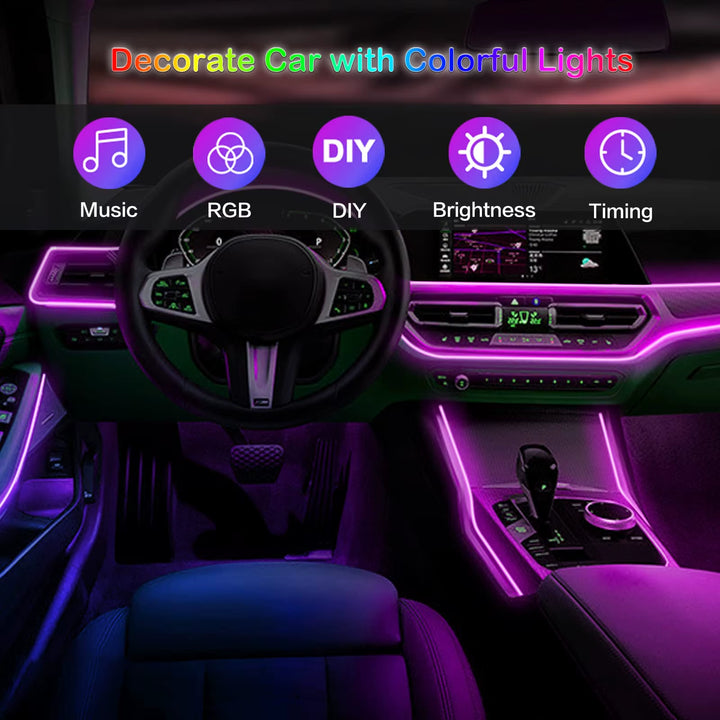 RGB LED Car Interior Ambient Strip Lights with APP Remote Control - Fiber Optic Neon Atmosphere Kit for Ultimate Auto Decoration