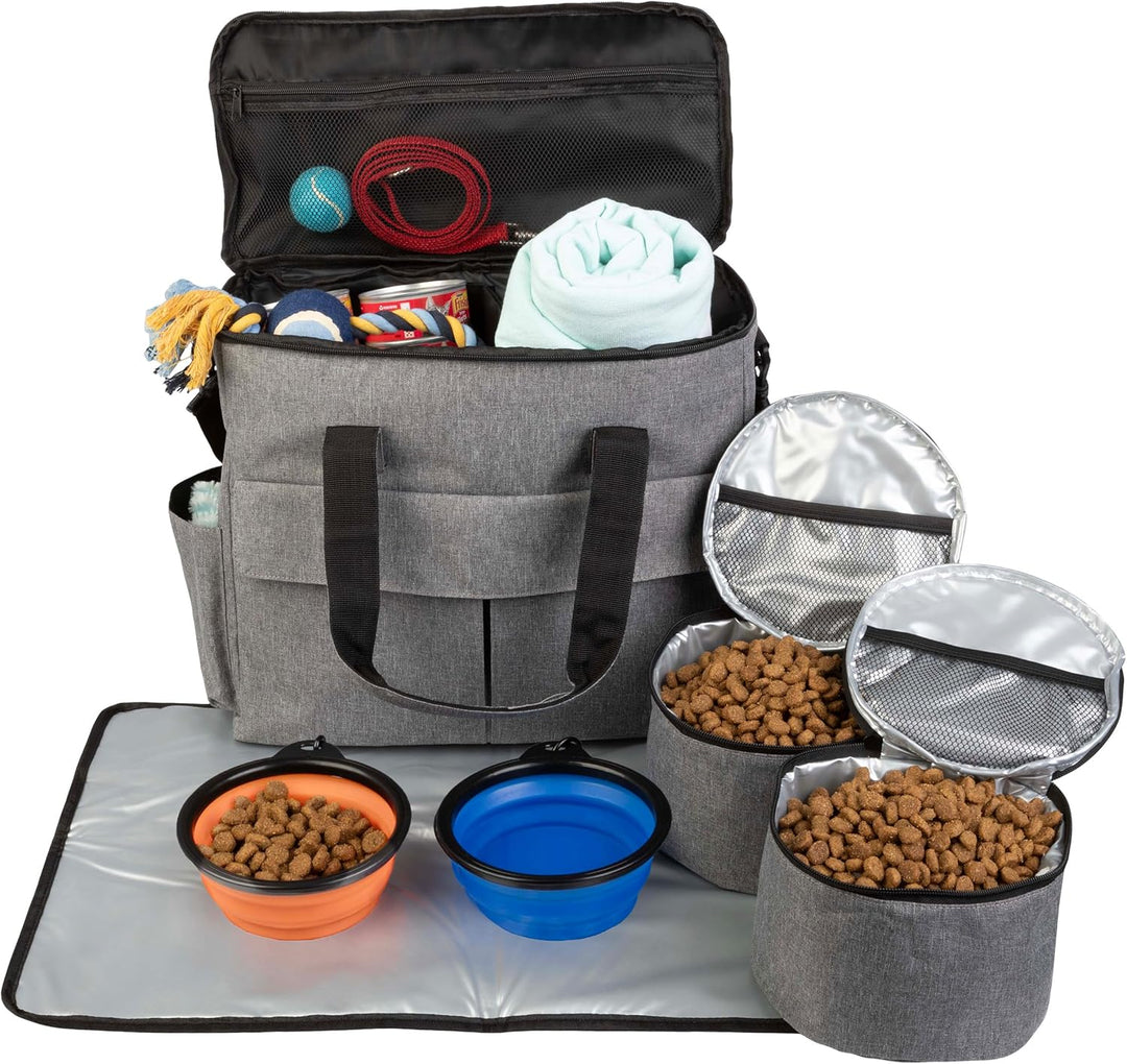 Ultimate Dog Travel Bag - Complete Cat and Dog Organizer with Pockets, Mat, 2 Food Containers & Collapsible Bowls by  (Gray)