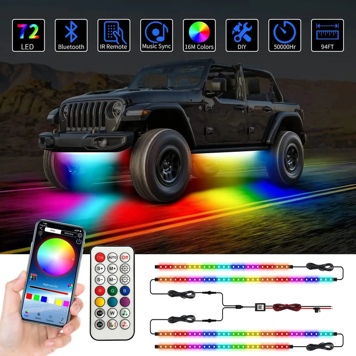 Vibrant Neon LED RGB Car Underglow Lights - Remote & App Control, Flexible Waterproof Underbody Strip for Stunning Car Decoration