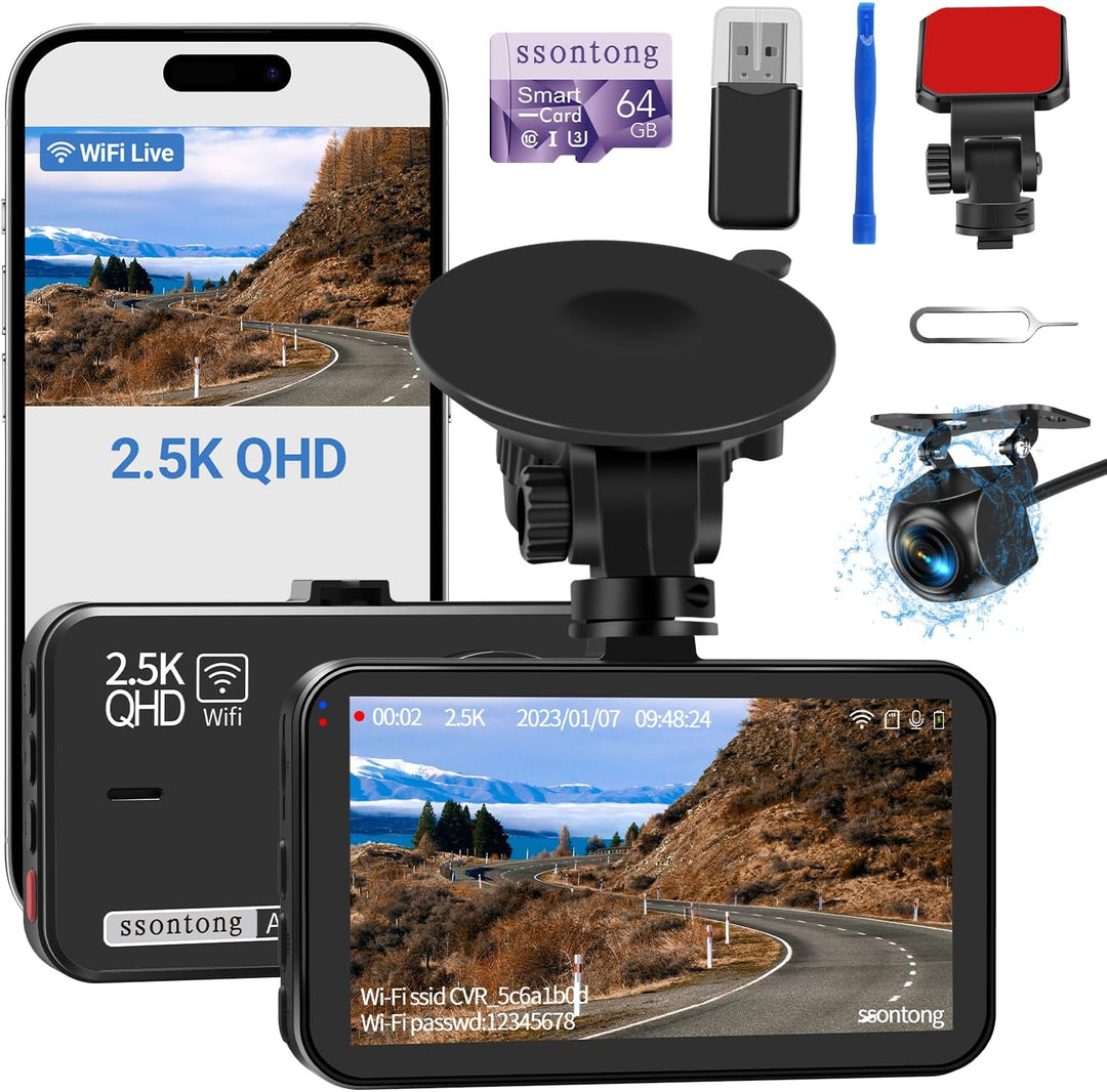 Dual Dash Cam with Front and Rear Cameras, 2.5K + 1080P, WiFi/App Control, Super Night Vision, 64GB Card Included, Loop Recording, G-Sensor, Expandable to 256GB