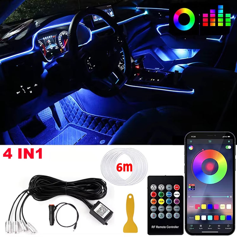 RGB LED Car Interior Ambient Strip Lights with APP Remote Control - Fiber Optic Neon Atmosphere Kit for Ultimate Auto Decoration