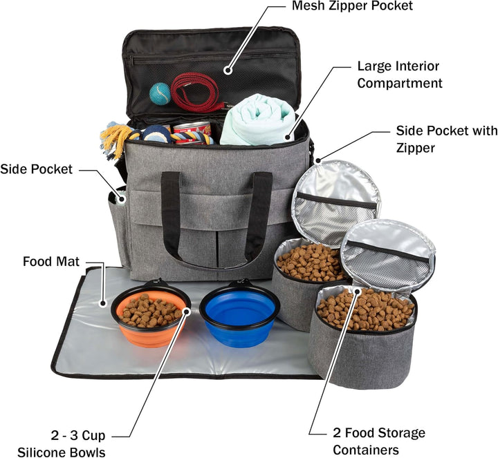 Ultimate Dog Travel Bag - Complete Cat and Dog Organizer with Pockets, Mat, 2 Food Containers & Collapsible Bowls by  (Gray)
