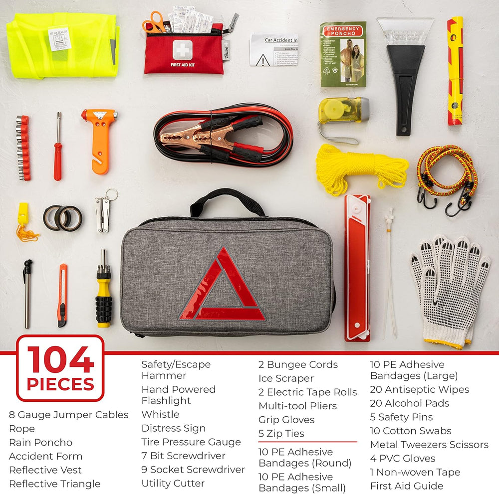 Ultimate Emergency Car Kit - 104-Piece Roadside Assistance Set with Jumper Cables & Mini First Aid Kit - Compact Gray Bag for Peace of Mind on the Road