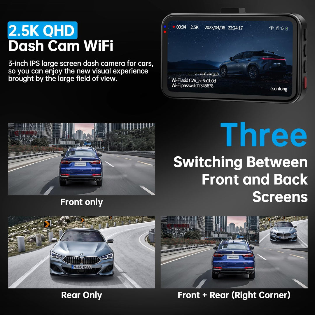 Dual Dash Cam with Front and Rear Cameras, 2.5K + 1080P, WiFi/App Control, Super Night Vision, 64GB Card Included, Loop Recording, G-Sensor, Expandable to 256GB