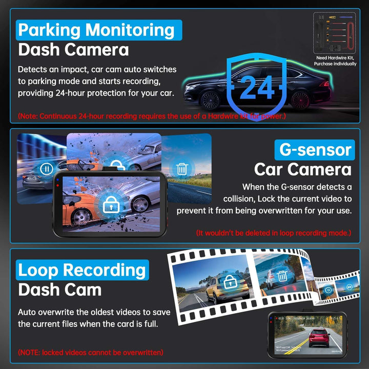 Dual Dash Cam with Front and Rear Cameras, 2.5K + 1080P, WiFi/App Control, Super Night Vision, 64GB Card Included, Loop Recording, G-Sensor, Expandable to 256GB
