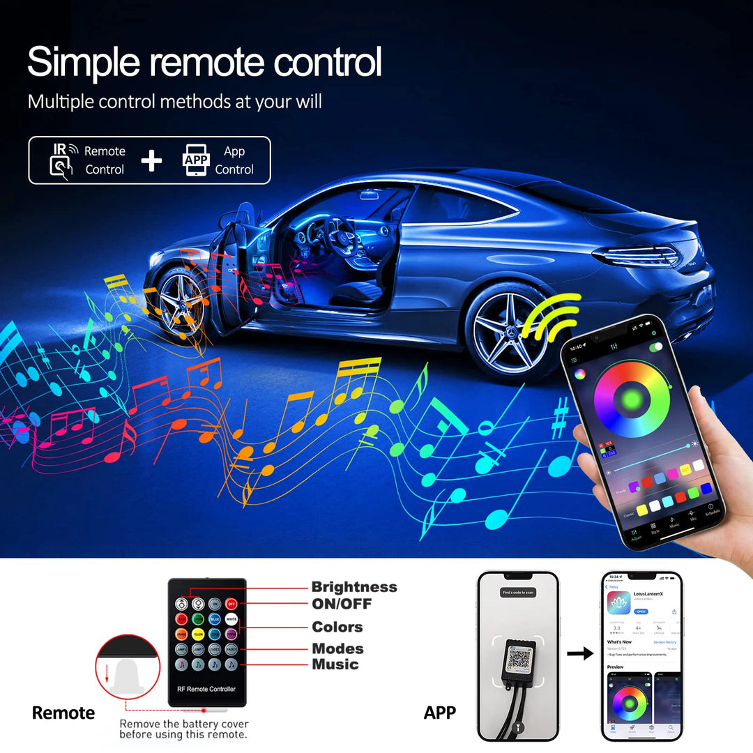 RGB LED Car Interior Ambient Strip Lights with APP Remote Control - Fiber Optic Neon Atmosphere Kit for Ultimate Auto Decoration