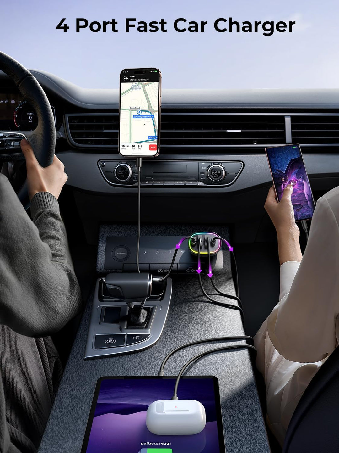 70W 4-Port USB C Car Charger - Fast Charging Cigarette Lighter Adapter for Family Travel & iPhone 16