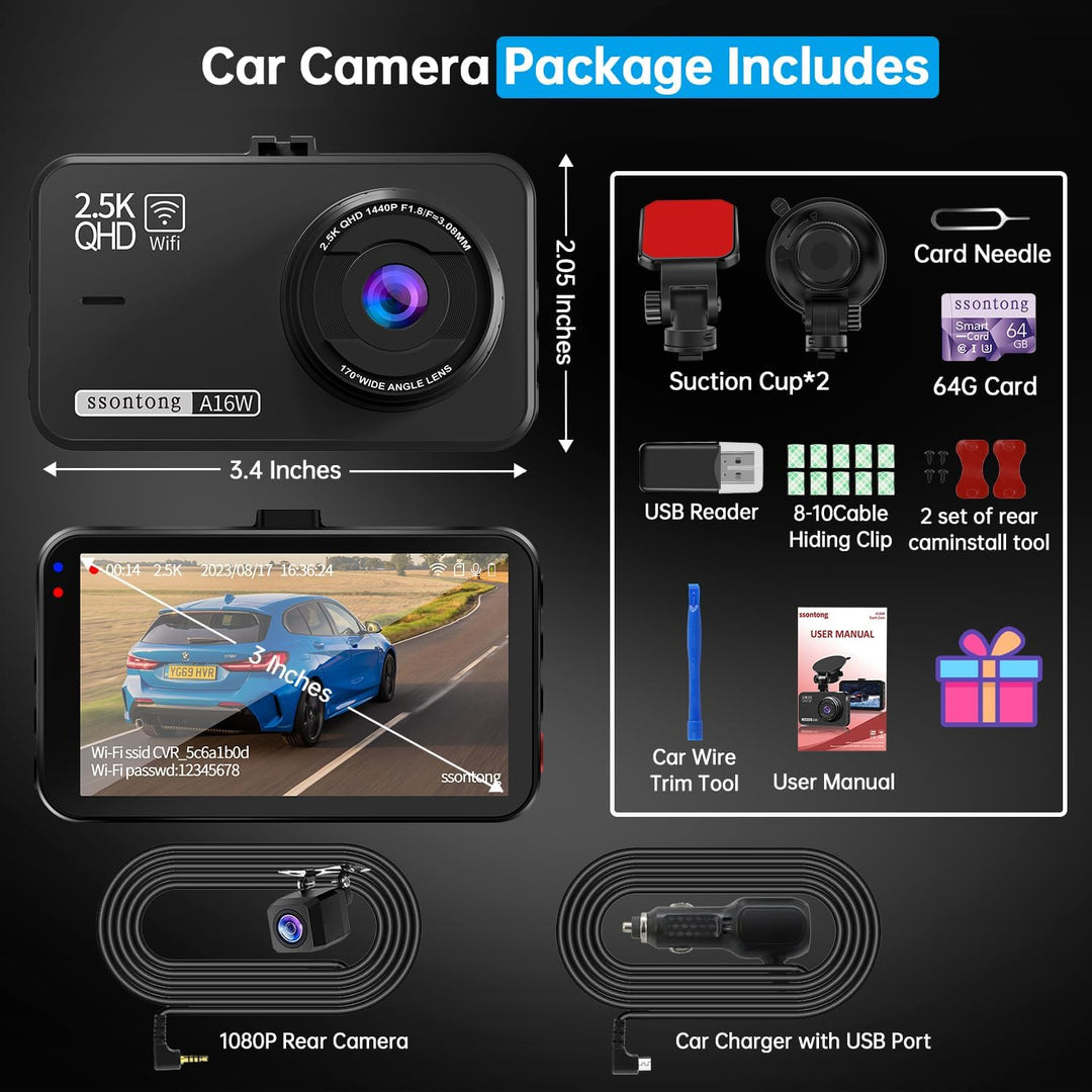 Dual Dash Cam with Front and Rear Cameras, 2.5K + 1080P, WiFi/App Control, Super Night Vision, 64GB Card Included, Loop Recording, G-Sensor, Expandable to 256GB