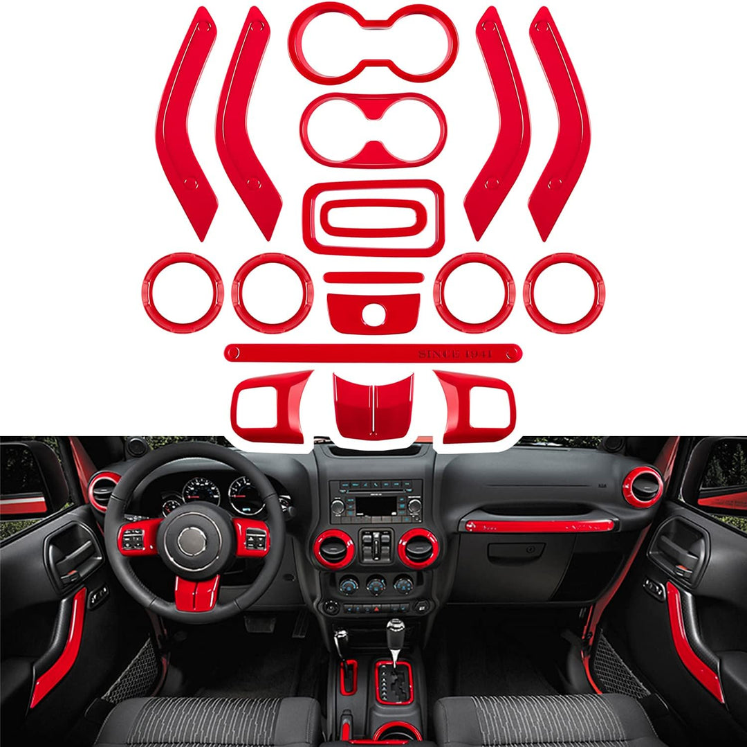Transform Your Jeep Wrangler JK (2011-2018) with 18 PCS Interior Trim Kit - Eye-Catching Red Accents for Steering Wheel, Console, Door Handles & More!