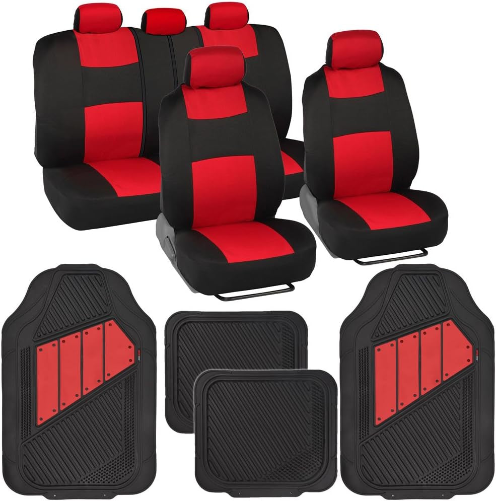 Ultimate Black & Red Car Seat Covers Full Set with All-Weather Rubber Floor Mats - Total Protection for Front & Rear Split Bench Seats