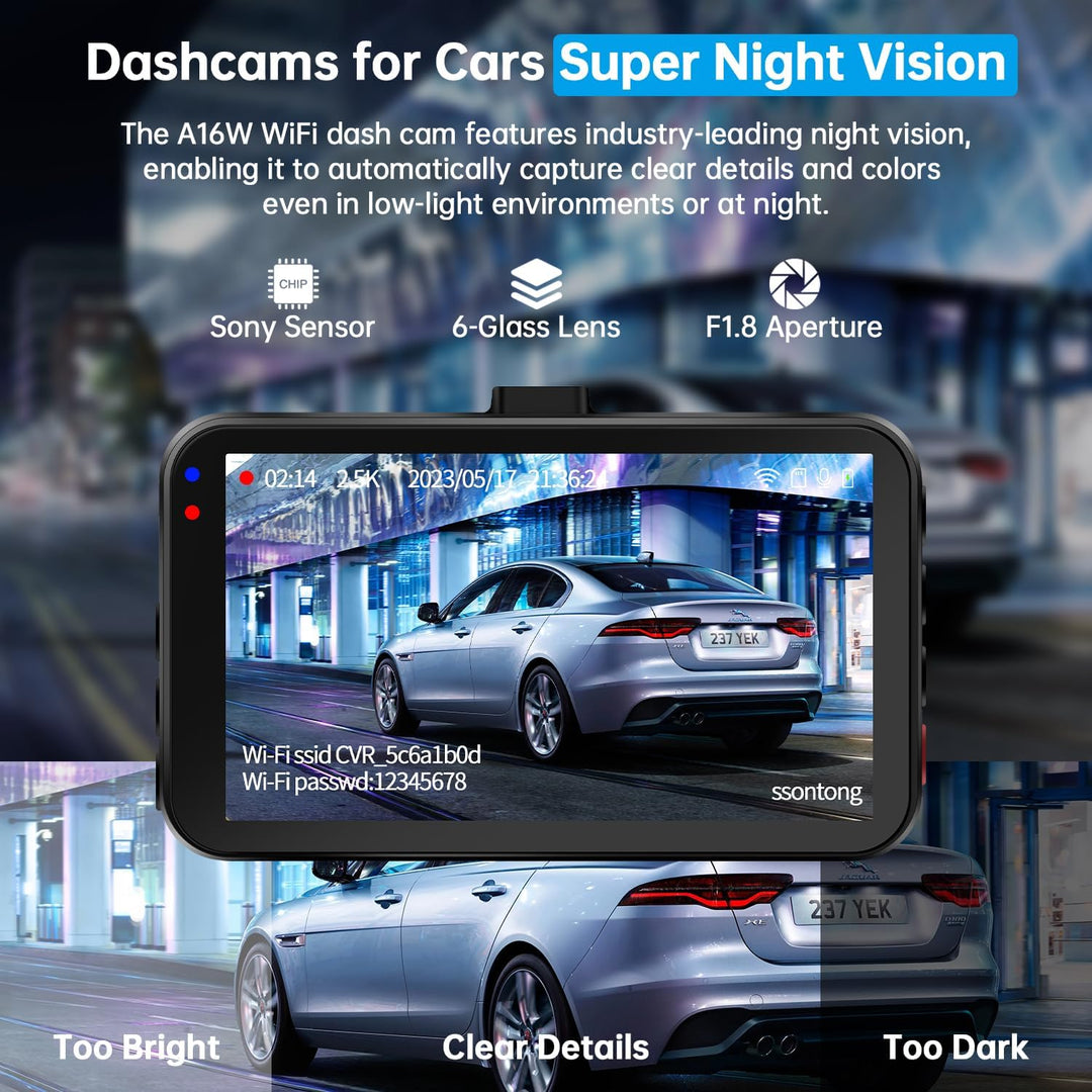 Dual Dash Cam with Front and Rear Cameras, 2.5K + 1080P, WiFi/App Control, Super Night Vision, 64GB Card Included, Loop Recording, G-Sensor, Expandable to 256GB