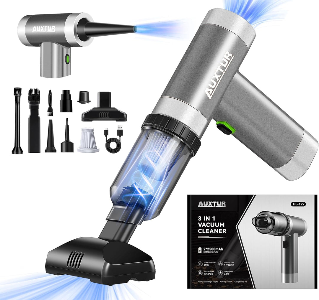 Powerful Portable Mini Vacuum Cleaner - Cordless, Brushless Motor, 12000PA Suction, 3-in-1 Handheld for Car & Computer - Rechargeable (Grey)