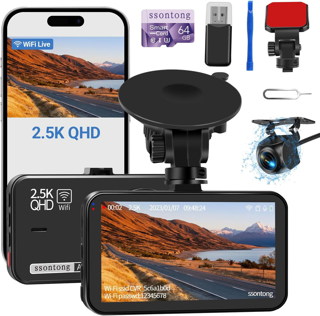 Dual Dash Cam with Front and Rear Cameras, 2.5K + 1080P, WiFi/App Control, Super Night Vision, 64GB Card Included, Loop Recording, G-Sensor, Expandable to 256GB