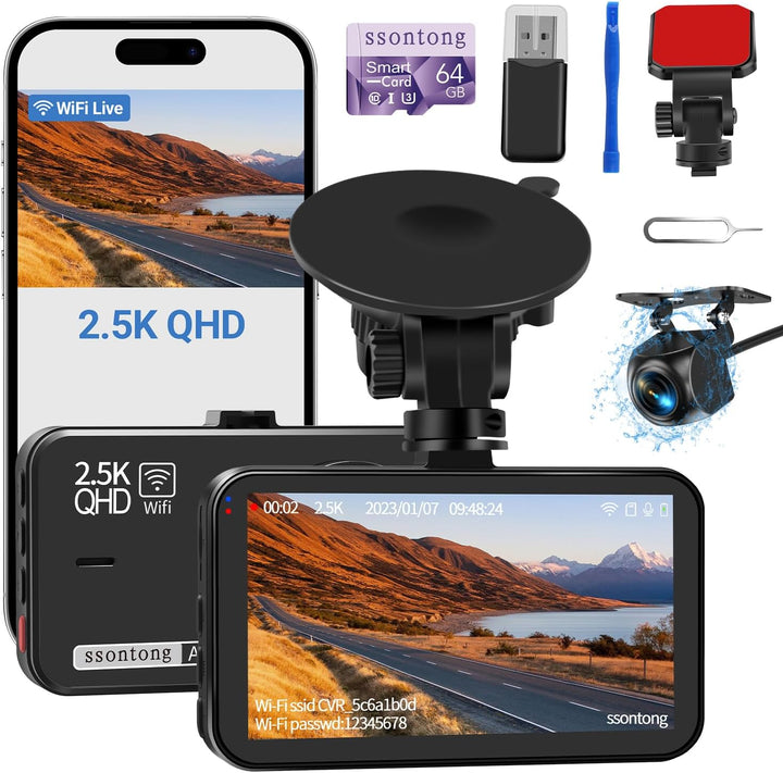 Dual Dash Cam with Front and Rear Cameras, 2.5K + 1080P, WiFi/App Control, Super Night Vision, 64GB Card Included, Loop Recording, G-Sensor, Expandable to 256GB