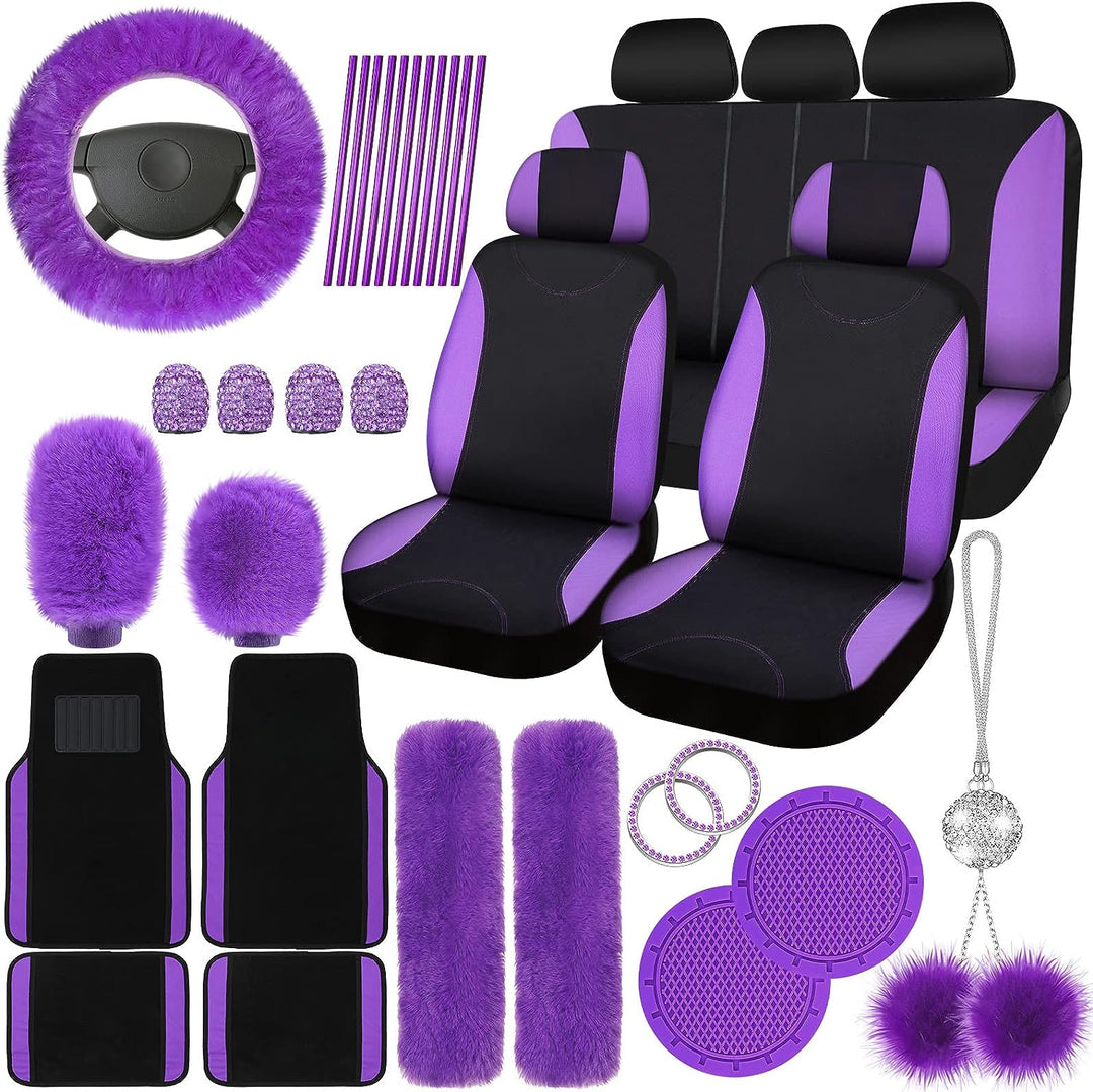 Chic 47-Piece Women's Car Seat Cover Set - Luxurious Fluffy Steering Wheel Cover, Elegant Purple & Black Floor Mats & More!