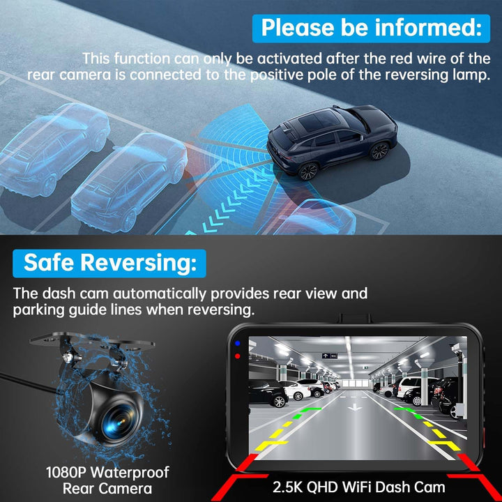 Dual Dash Cam with Front and Rear Cameras, 2.5K + 1080P, WiFi/App Control, Super Night Vision, 64GB Card Included, Loop Recording, G-Sensor, Expandable to 256GB