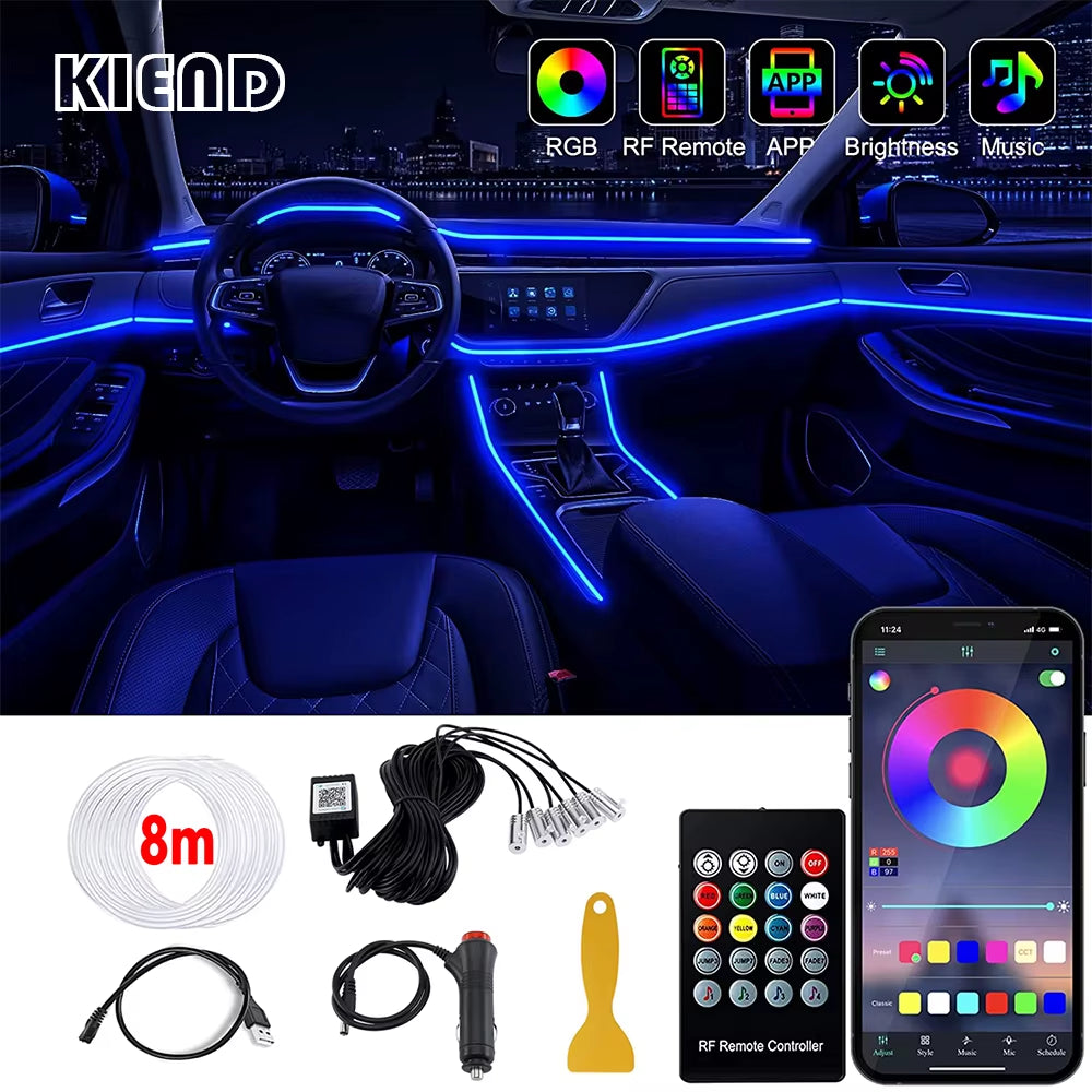 RGB LED Car Interior Ambient Strip Lights with APP Remote Control - Fiber Optic Neon Atmosphere Kit for Ultimate Auto Decoration