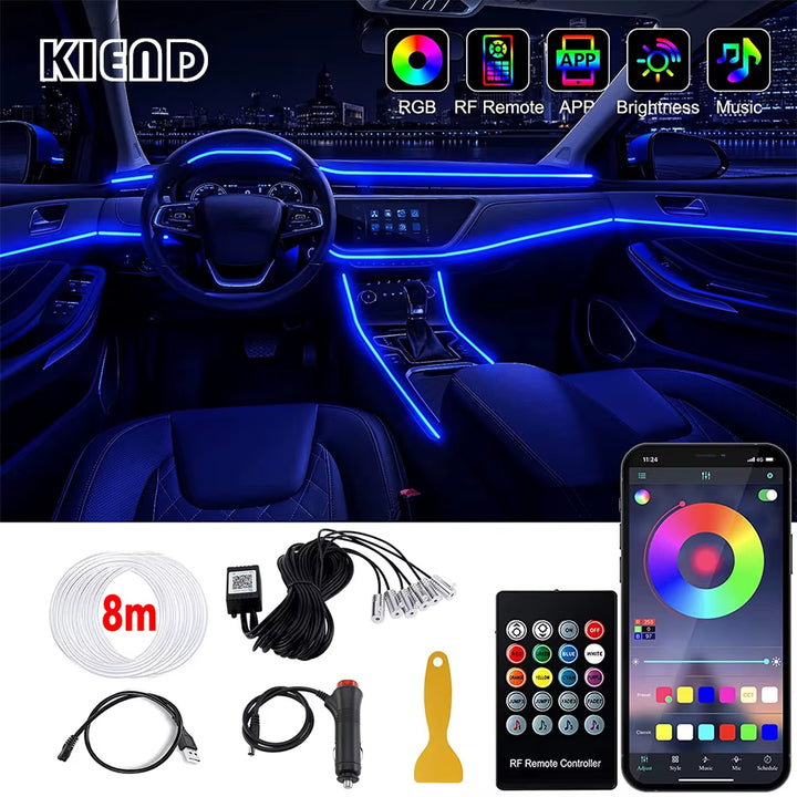 RGB LED Car Interior Ambient Strip Lights with APP Remote Control - Fiber Optic Neon Atmosphere Kit for Ultimate Auto Decoration