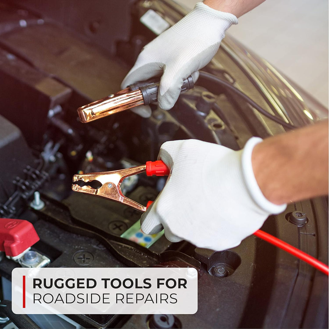 Ultimate Emergency Car Kit - 104-Piece Roadside Assistance Set with Jumper Cables & Mini First Aid Kit - Compact Gray Bag for Peace of Mind on the Road