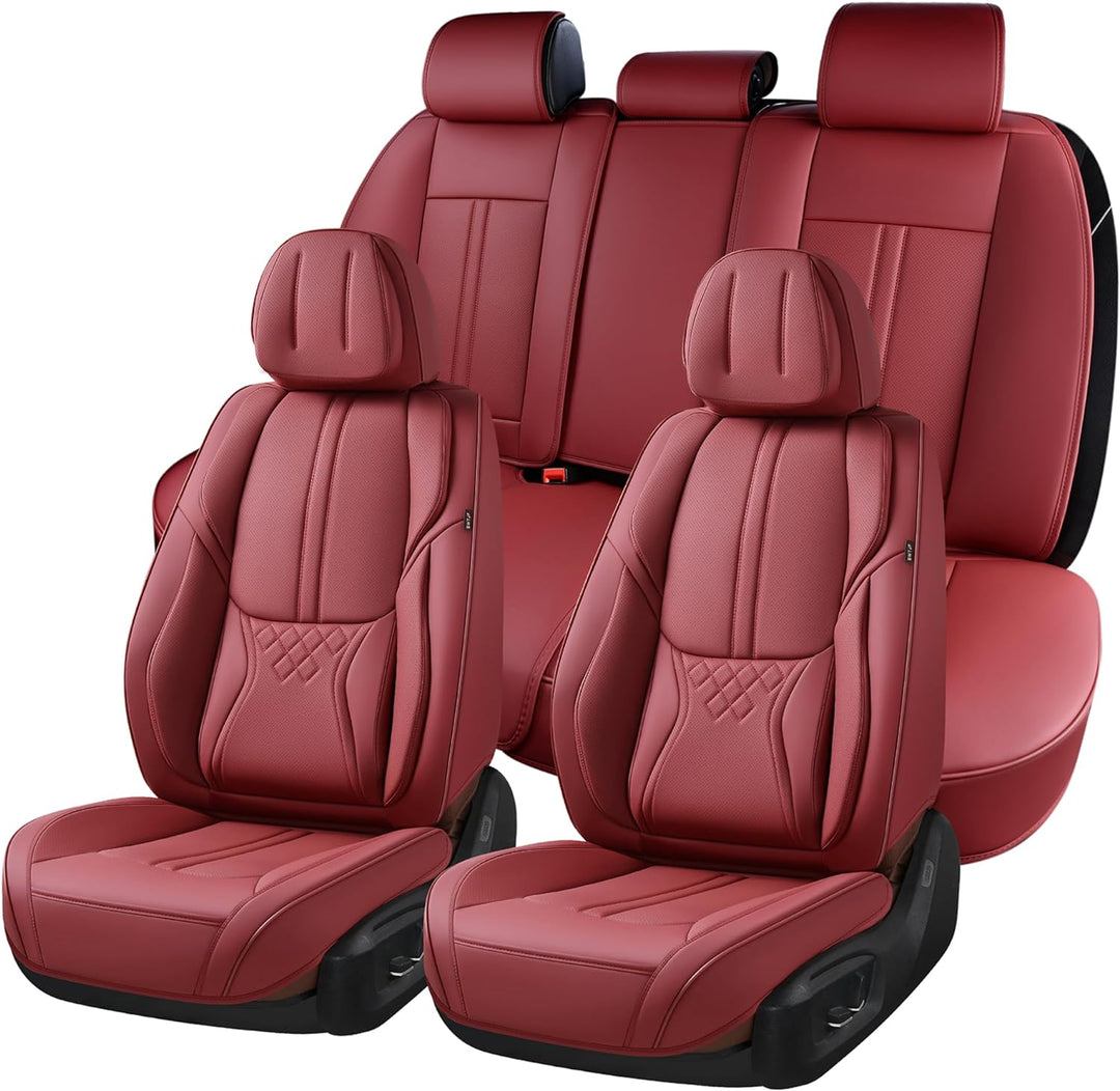 Premium Wine Red Leatherette Car Seat Covers - Complete Front and Rear Set for Sedans, SUVs, and Trucks - Stylish Auto Interior Protection and Comfort