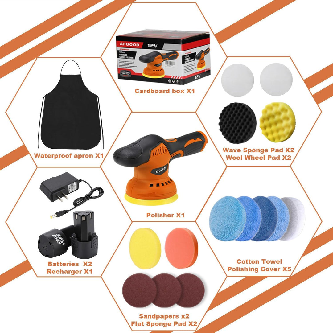 18PCS Cordless Car Buffer Polisher Kit - Portable 5"/6" Polishing Waxer with 2 x 2000mAh Batteries & Buffing Pads for Ultimate Car Detailing